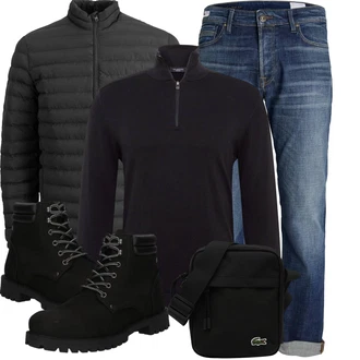 Outfit mit Blau/HellBlau Vintage Jeans/Dad Jeans/Boyfriend Jean/Damen 7/8-Länge Jeans/Tapered-Jeans/Formelles Hemd/Cropped Jeans/Winterjacke/Straight Leg Jean/Jeans mit Schlitz/Girlfriend Jeans/Sportschuhe Jack & Jones "Winter Outfit"