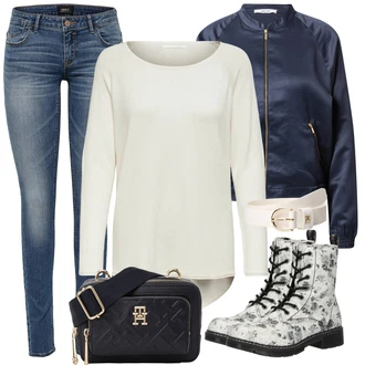 Outfit s Šedá/Stříbrný/Červená/Bílá Kozačka Šněrovací Kotníková Bota/Bojová Bota/Plochá Kotníková Bota/Šněrovací Kozačka na Platformě Dockers by Gerli "Zimní Outfit"