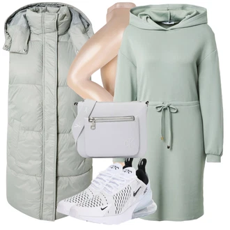 Outfit s Šedá Dlouhá tylová sukně/Doplňek/Dlouhé Šaty/Dlouhý Zimní Kabát/Taška Calvin Klein "Zimní Outfit"