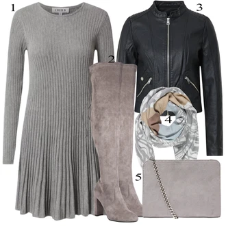 Outfit sa Siva/Bež/Smeđa/SvjetloSiva Čizma Iznad Koljena/Čizma na visoku petu/Čizma do Koljena/Čizma na Špic/Kožna Čizma Iznad Koljena/Čizma s patentnim zatvaračem/Duga Čizma About You "Tvoj otmjeni outfit"