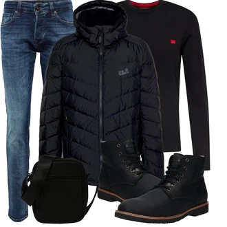 Winter Outfit mit Schwarz Schnürstiefelette/Klassischer Stiefel/Springerstiefel/Gefütterte Stiefelette/Schnürschuh/Flache Stiefelette Panama Jack "Winterlicher Look"