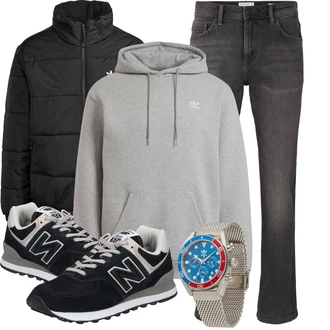 Retro Outfit mit Schwarz/Dunkelblau Sneaker Low/Winter Sneaker/Vintage Sneaker/Schmaler Sneaker/Walkingschuh New Balance "Winterlicher Look"Look: Metal, Retro, Smart Casual, Unisex, Classic, Workwear, Elegant, Casual, Esthetische, Outdoor, Sportlich, Schön, 90er