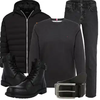 Outfit mit Schwarz/Dunkelgrau/Grau/Hellgrau Slim Fit Jeans/Tapered-Jeans/Winterjacke/Thermojeans/Straight Leg Jean/Dad Jeans/Regular-Fit Jeans/Leder Schuhe/Lederjacke/Sportschuhe/Damen 7/8-Länge Jeans Jack & Jones "Winterlicher Look"