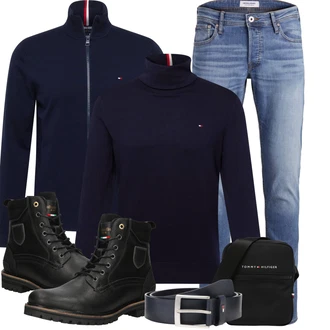 Winter Outfits mit Dunkelblau Stehkragen-Strickjacke Tommy Hilfiger, Dunkelblau Rollkragenpullover/Stehkragen-Strickjacke/Feinstrickpullover/2-in-1 Pullover/Polo-Pullover Tommy Hilfiger "Winterliches Freizeit Outfit"