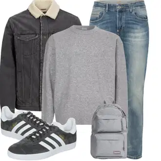 Winter Outfits Streetwear mit Grau/Hellgrau/Dunkelgrün/Schwarz/Dunkelgrau Vintage Sneaker/Schmaler Sneaker/Sneaker Low/Leder Sneaker Adidas Originals "Winterliches Freizeit Outfit"Look: Streetwear, Sportlich, Unisex, Casual, Rap