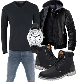 Motorrad Outfit mit Schwarz Kapuzenjacke/2in1 Jacke/Außergewöhnliche Jacke/Motorradjacke/Fliegerjacke/Winterjacke/Reitjacke/Jacke mit Seitlichem Reißverschluss/Kunstfaserjacke Wantdo "Winterliches Freizeit Outfit"Look: Motorrad, Reiten, Boxen