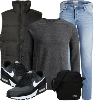 70er Outfit mit Hellblau/Blau Slim Fit Jeans/Lederjacke/Leder Schuhe/Push up Jeans/Low Rise Jean/Winterjacke/Jeans mit Schlitz/Regular-Fit Jeans/Knöchelstiefel/Herren Lederjacke/Schlupfjeans/Low Waist Jean/Tapered-Jeans Jack & Jones "Winterliches Freizeit Outfit"Look: Uni, Classic, Premium, 70er, Coole, Schön, Old Money, Schlichte, Casual