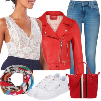 Outfit s Červená/Tmavě červená Krátký Bund/Kožené Bund/Motorkářské Bund/Bunda z Umělé Kůže/Motorkářská bunda Oakwood "Zimní look"