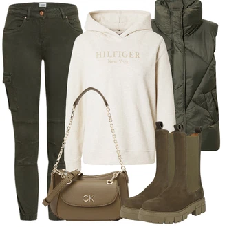 Outfit s Khaki/Tmav? zelená Cargo Kalhoty/Man?estrový legíny/Man?estrové Kalhoty/Jeggings/Skinny Kalhoty/Tregíny/Zimní Kalhoty Only "Zimní look"