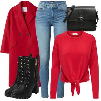 Krátká Outfit s Červená/Tmavě červená Přechodový Kabát/Kašmírový Kabát/Midi Kabát/Oversize Kabát/Kabát z Kabanosu/Vintage Kabát/Vlněný Kabát/Zimní Kabát Vlněný kabát bershka "Zimní look"