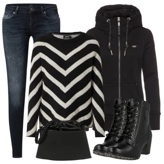 Outfit s Černá/Bílá/Šedá/Fialová Svetr na kojení/Pruhovaný Svetr/Jednoduchý Svetr/Basic Svetr/Pulovr s Pleteným Vzorem/Pletený Svetr/Kašmírový Svetr/Svetr Carmen/Potisknout Svetr/Svetr s Kulatým Výstřihem/Žakárový Svetr/Svetr z Jemné Pleteniny Only "Zimní look"