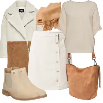 Outfit s Béžová/Hnědá Kožich Kabát/kabát z Lamy/Teddy Kabát/Kabát Bouclé Only "Zimní look"
