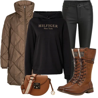 Outfit s Tmavě hnědá/Hnědá/Béžová/Oranžová Šněrovací Kozačka/Bota se širokým nohavici/Jezdecká Bota/Vintage kozačka/Motorkářská Bota/Bojová Bota/Motorkářská bota/Dlouhá Kozačka/Nepromokavá kozačka Mustang "Zimní look"