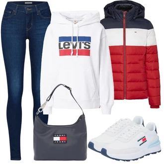 Outfit s Červená/Bílá/Černá/Krémová Vintage mikina/Dámský Svetr/Svetr s kapucí/Sportovní mikina/Unisex Mikina S Kapucí/Mikina/Svetr S Kapucí/Originální mikina levi's ® "Zimní look"