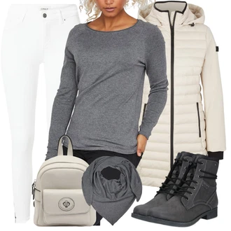Slouchy Vlna Outfit s Šedá/Světle šedá/Tmavě šedá Šátek/Šál/Kruhový Šál/Klobouk Bandana Zwillingsherz "Zimní look"