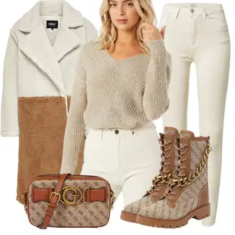 Outfit s Béžová/Hnědá Kožich Kabát/kabát z Lamy/Teddy Kabát/Kabát Bouclé Only "Zimní look"