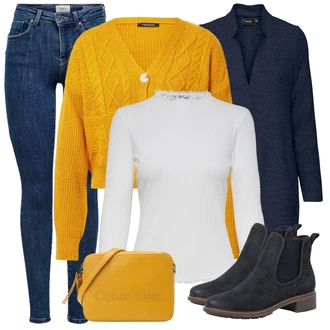 Outfit s Oranžová Dlouhé Šaty/Slim Fit Džíny/Dlouhé Kardigany/Dlouhý Svetr/Taška Přes Rameno/Dlouhý Zimní Kabát/Dlouhá tylová sukně/Doplňek Calvin Klein "Zimní outfit pro volný čas"
