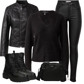 Outfit s Černá Motorkářské Bund/Kožené Bund Bunda z Umělé Kůže/Bunda s Bočním Zipem/Kožená Bomber Bund/Kožené Bund/Motorkářská bunda/Kožená vintage bunda JdY "Zimní outfit pro volný čas"
