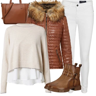 Outfit s Červená/Hnědá/Oranžová Kožené Bund/Zimní Bund/Puchová Bund/Péřová Bunda/Neobvyklá bunda Oakwood "Zimní outfit pro volný čas"