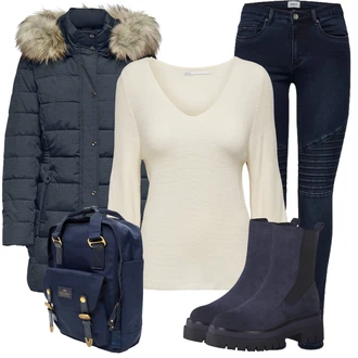 Outfit s Tmavě Modrá/Modrá Kožená bunda/Klasická kozačka/Plochá Kotníková Bota/Kotníková Bota s Podšívkou/Zimní kotníková bota MARCO TOZZI "Zimní outfit pro volný čas"
