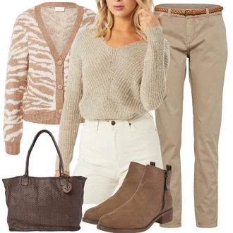 Outfity na zimu Zvířecí potisk s Hnědá/Béžová/Růžová/Oranžová Svetr boucle/Zimní svetr/Kardigán s výstřihem do V/Vlněný kardigán/Svetr s podšívkou/Krátký svetr/Vintage svetr/Kašmírový kardigán Vila "Zimní outfit pro volný čas"