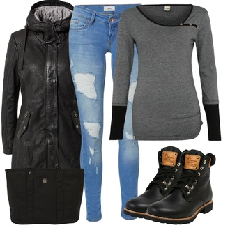 Outfit s Černá Kozačka Šněrovací Kotníková Bota/Vintage Kozačka/Klasická Kozačka/Vintage Kotníková Bota/Bojová Bota/Motorkářská bota/Motorkářská Bota Panama Jack "Zimní outfit pro volný čas"