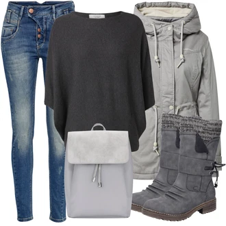 Outfit s Světle šedá/Šedá/Tmavě modrá/Tmavě šedá/Černá Kotníková Bota s Podšívkou/Vycpaná kozačka/Nepromokavá kozačka/Kožené pánské obuv/Bota se širokým nohavici/Zimní kotníková bota/Zimní Kozačka Rieker "Zimní outfit pro volný čas"