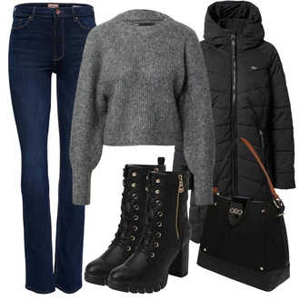 Vysoké Podpatky Outfit s Černá Šněrovací Kotníková Bota/Kozačka se zipem/Kotníková Bota Na Podpatku/Kotníková Bota s Podšívkou Mustang "Zimní outfity"