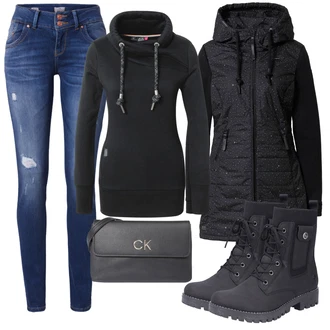 Outfity na zimu s Černá Mikina/Móda Pro Plnoštíhlou/Dlouhé Šaty/Dlouhý Zimní Kabát/Dlouhá tylová Sukně/Teplák Ragwear "Zimní outfity"