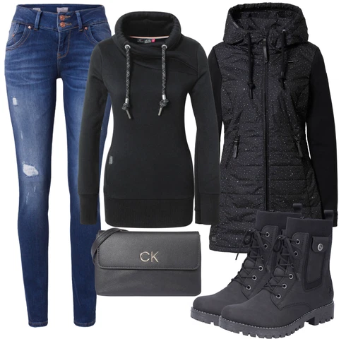 Kombinace Černá Mikina/Móda Pro Plnoštíhlou/Dlouhé Šaty/Dlouhý Zimní Kabát/Dlouhá Tylová sukně/Teplák Ragwear Kombinace Černá Mikina/Móda Pro Plnoštíhlou/Dlouhé Šaty/Dlouhý Zimní Kabát/Dlouhá Tylová sukně/Teplák Ragwear