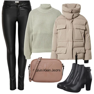 Outfit s Béžová Dlouhý Zimní Kabát/Taška Přes Rameno/Dlouhé Šaty/Doplňek/Dlouhá tylová sukně/Dlouhé Kardigany Calvin Klein "Zimní outfity"