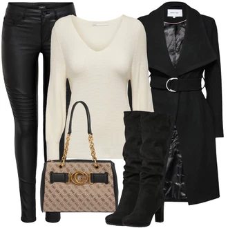 Elegantní Outfit s Černá Kozačka Na Podpatku/Dlouhá Kozačka/Kozačka nad Kolena/Bota se širokým nohavici/Špičatá Kozačka/Kozačka po Kolena About You "Zimní outfity"Look: 20 léta, Elegantní, Cool, Příliš oblečený, Nadrozměrné
