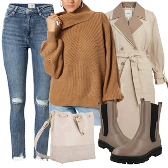 Outfit s Béžová/Khaki/Hnědá Trenčkot/Midi Kabát/Trenčkot/Lehký Kabát/Letní Kabát Object "Zimní outfity"