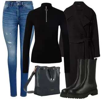 Outfit s Černá Kašmírový Kabát/Pletený Kabát/Dlouhý kabát/Midi Kabát/Vlněný Kabát/Zimní Kabát Vlněný kabát Sisley "Zimní outfity"