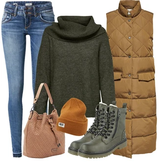 Krátká/mini Outfit s Hnědá Slim Fit Džíny/Dlouhé Šaty/Dlouhé Kardigany/Doplňek/Dlouhá tylová Sukně/Dlouhý Svetr/Taška Přes Rameno/Dlouhý Zimní Kabát Tamaris "Zimní outfity"