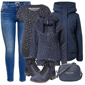 Outfit s Modrá/Tmavě Modrá/Světle Modrá Šněrovací bota/Klasická Kozačka/Šněrovací Kozačka/Kotníková Bota s Podšívkou/Zimní kotníková bota/Kozačka se zipem/Motorkářská bota Rieker "Zimní outfity"