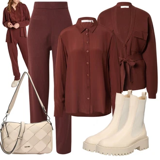 Outfit s Červená/Tmavě červená/Hnědá/Oranžová Hedvábná Halenka/Halenka s Dlouhým Rukávem/Halenka se Stojatým Límcem/Saténová Halenka/Halenkové Body/Blůza s knoflíčkem/Jednobarevná Halenka/Dlouhá Halenka guido maria kretschmer women "Zimní outfity"