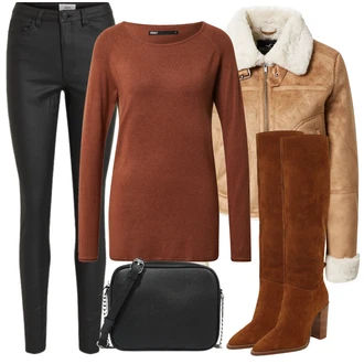 Outfity na svátky Old Money s Černá/Tmavě šedá/Khaki/Bílá Kožená Kalhoty/Jeggings/Skinny Kalhoty/Tregíny/Kalhoty z Umělé Kůže/Legíny Kožený Vzhled/Kožený legíny Object, Černá/Bílá Taška/Brašna/Klasická Taška Přes Rameno/Malá Taška/Sportovní Taška Přes Rameno/Taška Přes Rameno About You, Hnědá/Béžová Bota Bez Tkaničky/Lodička Nízký Podpatek/Podpatek na klínku/Kožená bota/Goodyear welted bota About You "Zimní outfity"Look: Styl, Cool, Old Money, Venkovní, Techno, Klasické, Elegantní, Metal, Kovbojka, Duckfeet, Premium
