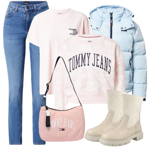 Kombinace Růžová/Béžová/Modrá/Šedá Neformální tričko/Zvonová Kalhoty/Top Tommy Jeans