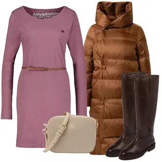 Nadrozměrné Dlouhé Outfit s Hnědá/Tmavě hnědá Zimní Kabát/Péřový Kabát/Dlouhý Péřový Kabát/Dlouhý Zimní Kabát/Prošívaný kabát/Přechodový Kabát JNBY "Zimní outfity"Look: Italský, Mom, Venkovní, Příliš oblečený, Nadrozměrné