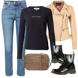 Outfity na zimu Styl 50. Let s Světle modrá/Modrá Girlfriend Džíny/Zkrácené Džíny/Džíny s Rozparkem/Zužující se Džíny/Mom Jean/Dad Džíny/High Waist Džínové Kalhoty/Vintage džíny levi's ® "Zimní outfity"Look: 50. Let, Styl, 90tá léta, Vintage, Western