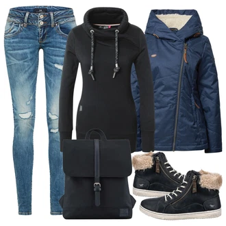 Outfity na zimu s Černá Mikina/Móda Pro Plnoštíhlou/Dlouhé Šaty/Dlouhý Zimní Kabát/Dlouhá tylová sukně/Teplák Ragwear "Zimní outfity"