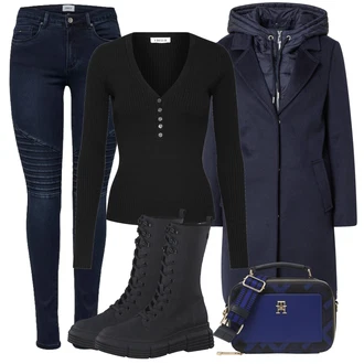 Outfit s Tmavě modrá/Černá Kozačka Bojová Bota/Šněrovací Kotníková Bota S.Oliver "Zimní outfity"