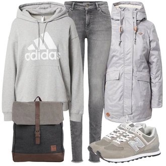 Nadrozměrné Outfit s Šedá/Světle šedá Vintage mikina/Dámský Svetr/Svetr s kapucí/Sportovní mikina/Partnerská Mikina/Svetr S Kapucí/Sportovní mikina/Unisex Mikina S Kapucí/Originální mikina adidas sportswear "Zimní outfity"Look: Sportovní, Cool, Hip Hop, Venkovní, Nadrozměrné, Skater, Unisex, Univerzitní
