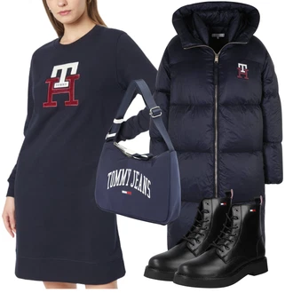 Outfit s Černá Šněrovací Bota/Šněrovací Kotníková Bota/Zimní Bota/Nízká Bota na podpatku Tommy Jeans "Zimní outfity"