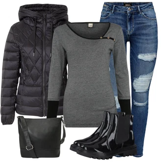Outfit s Modrá Džíny/Kožená bunda/Dlouhá tylová sukně/Dlouhé Kardigany/Dlouhý Zimní Kabát/Zvonová Kalhoty Only "Zimní outfity"
