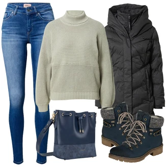 Outfit s Černá Šněrovací Bota/Zimní bota/Nízká bota na podpatku/Kozačka Šněrovací Kotníková Bota Rieker "Zimní outfity"
