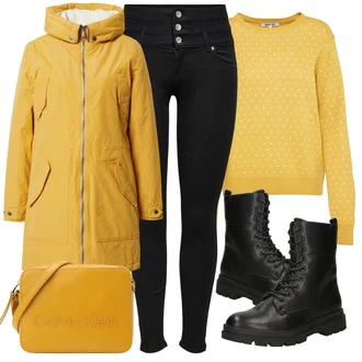 Outfit s Oranžová Dlouhé Šaty/Slim Fit Džíny/Dlouhé Kardigany/Dlouhý Svetr/Taška Přes Rameno/Dlouhý Zimní Kabát/Dlouhá tylová sukně/Doplňek Calvin Klein "Zimní outfity"