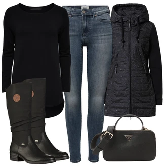 Outfit s Černá Zimní Kozačka/Dlouhá Kozačka/Bota se širokým nohavici/Klasická Kozačka/Plochá Kozačka nad koleno/Nepromokavá Kozačka/Jezdecká Bota Rieker "Zimní outfity"