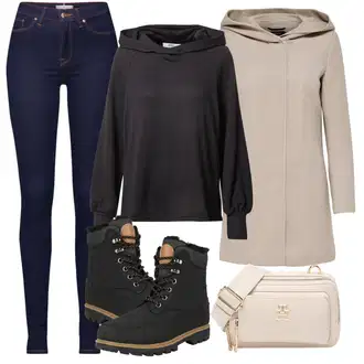 Venkovní Outfit s Černá/Tmavě šedá Originální mikina/Svetr S Kapucí/Pletená mikina s kapucí/Kožená bunda/Sportovní mikina/Sportovní mikina/Vintage mikina Only "Zimní outfity"Look: Ležérní, Pro Dům, Venkovní, Nadrozměrné, Skater, Sportovní, Univerzitní